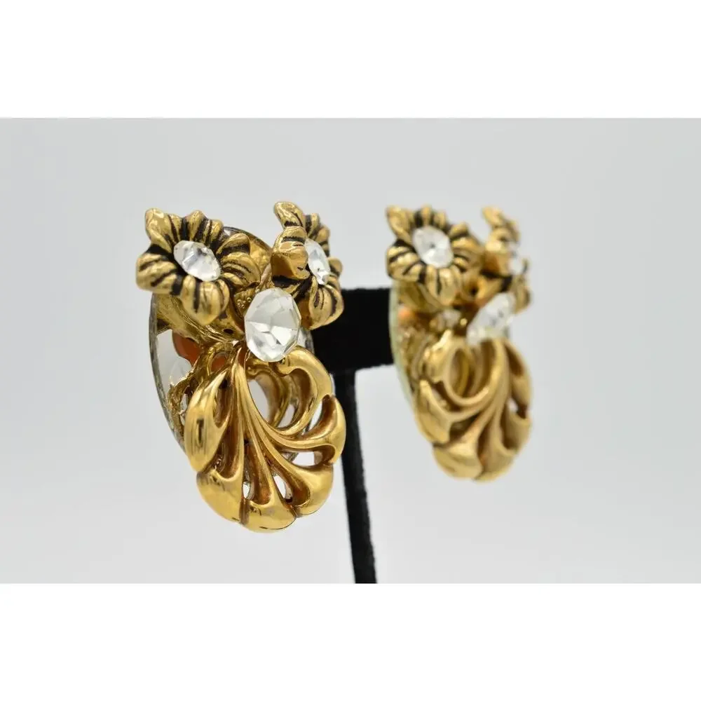 Vintage Clip On Earrings Rhinestone Crystal Mirrored Floral Chunky 1980s 9L